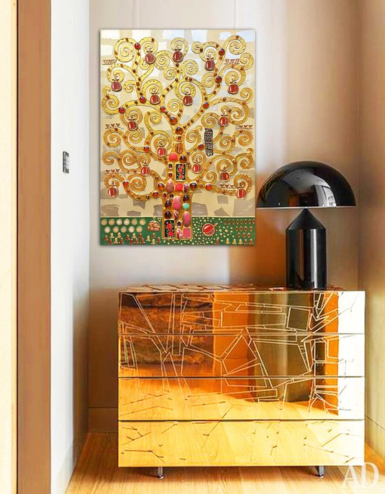 The Pomegranate Tree. Relief textured golden painting with precious stones