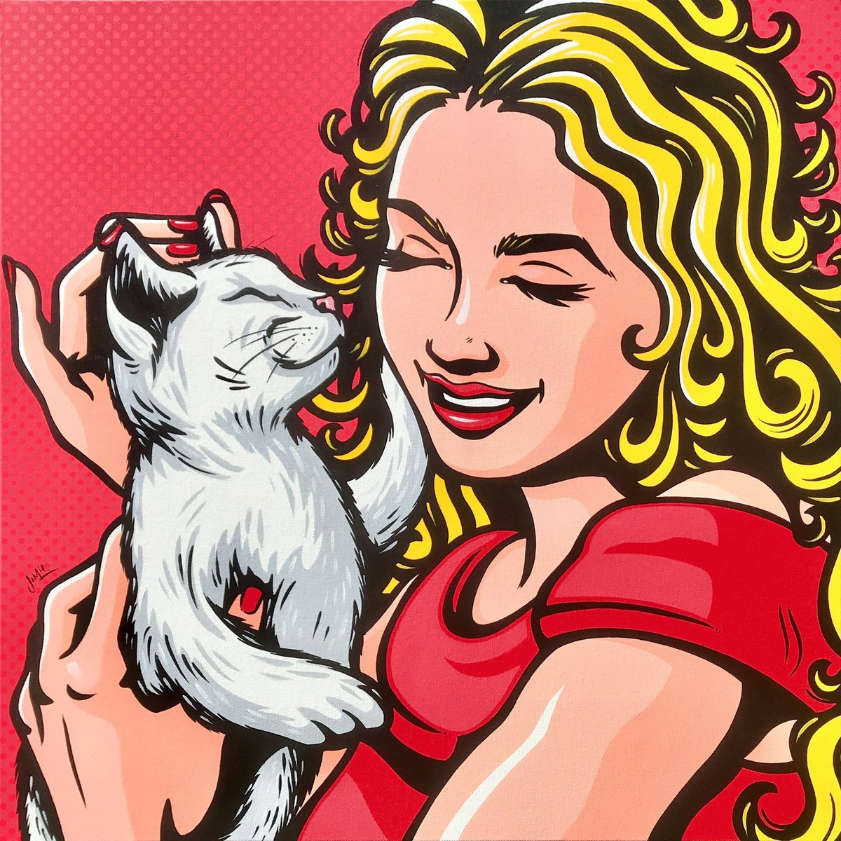 Urban And Pop Portrait Acrylic Painting By Jamie Lee, 28 X 28, Purr-Fect Friends, Original Artwork