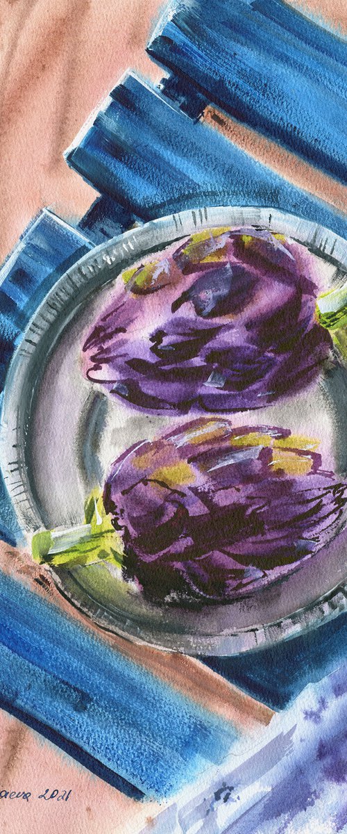 Artichokes on table original watercolor painting, Italian foof painting, purple flowers artwork, kitchen decor, gift for mother by Irina Povaliaeva