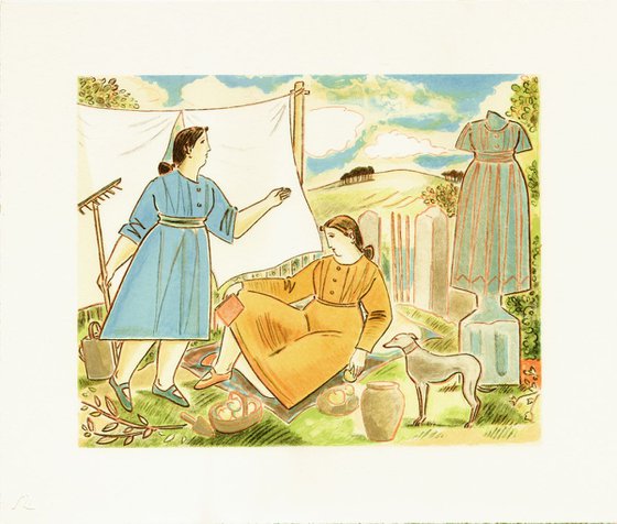 Landscape with Figures, a Whippet, Sculpture and Washing
