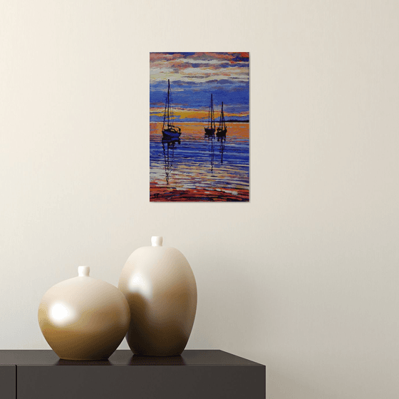 "SUNDOWN AND BOATS".  ORIGINAL  PAINTING, READY TO HANG, WALL DECOR, GIFT IDEA