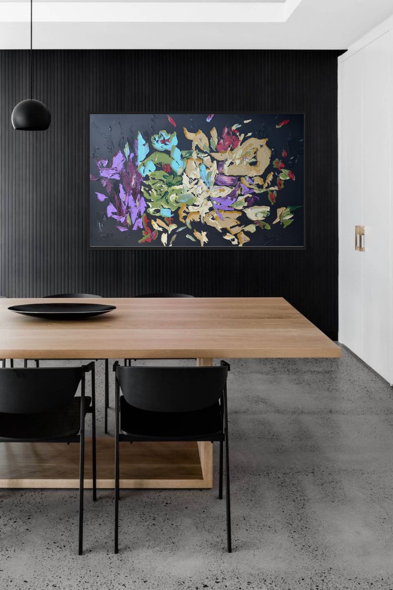 Surrealistic Botanical Acrylic Painting By Tetiana Hutsul, 61 X 37", Whispers In The Dark, Original Artwork