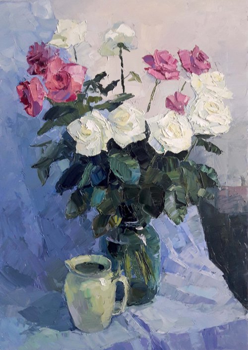 Roses on blue by Boris Serdyuk