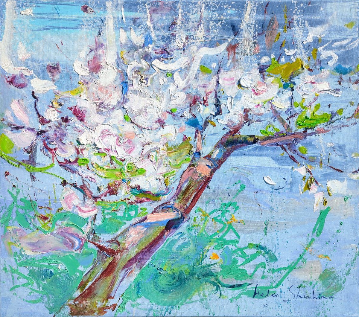 Apple tree blossoms . 70x80 cm by Helen Shukina