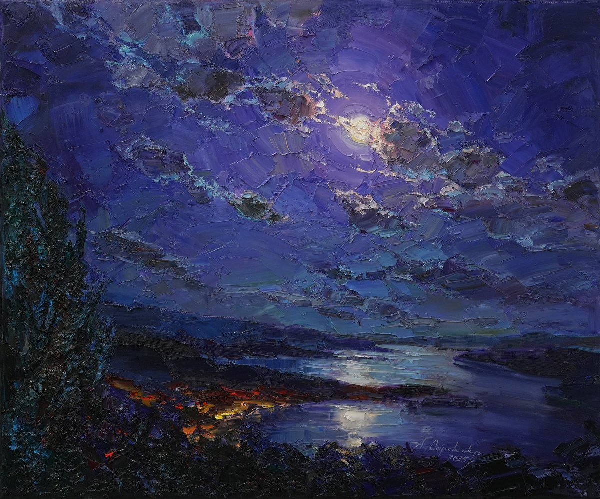 Impressionistic Landscape Oil Painting By Alisa Onipchenko-Cherniakovska, 24 X 20, Magic Of The Moon, Original Artwork