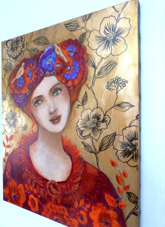 Leonie with birds 38 x 46 cm