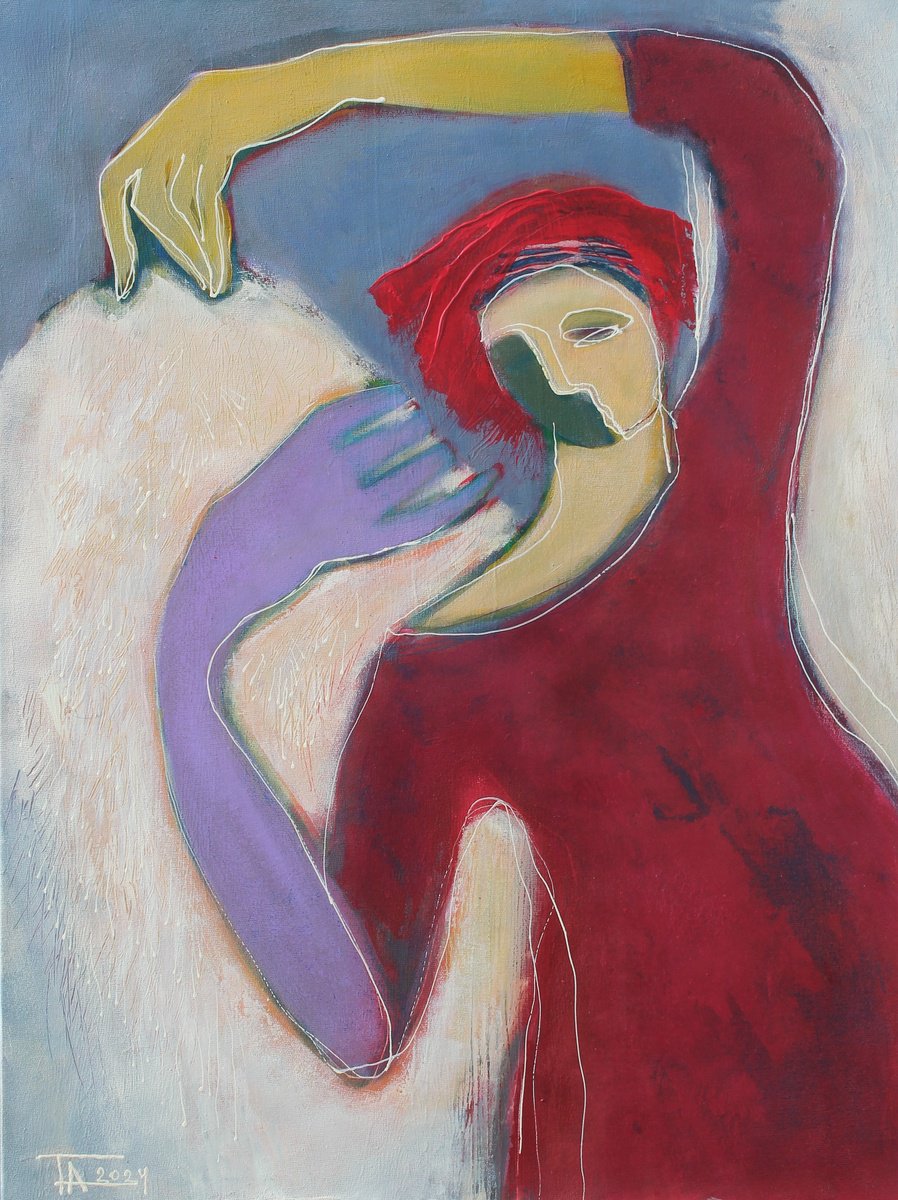 Expressive Portrait Acrylic Painting By Tatjana Auschew, 24 X 31", Before The Flight., Original Artwork