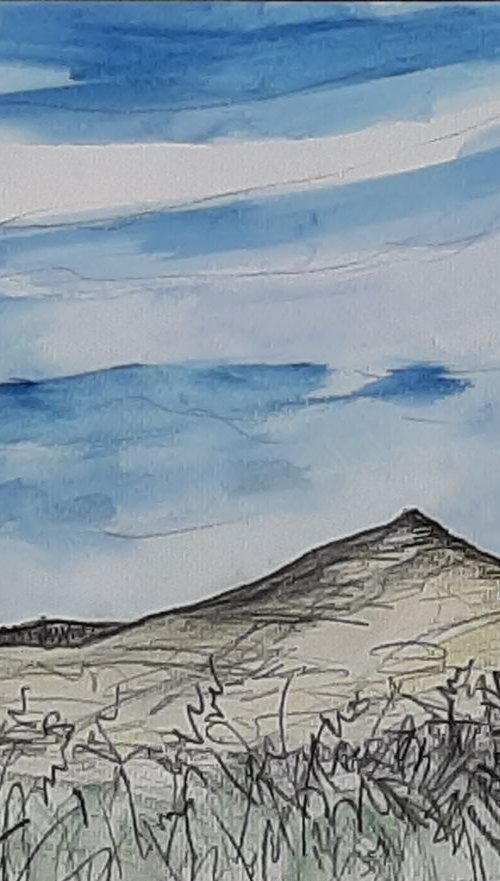 Blue skies over Croghan Mountain Ireland -  pencil and watercolour study by Niki Purcell