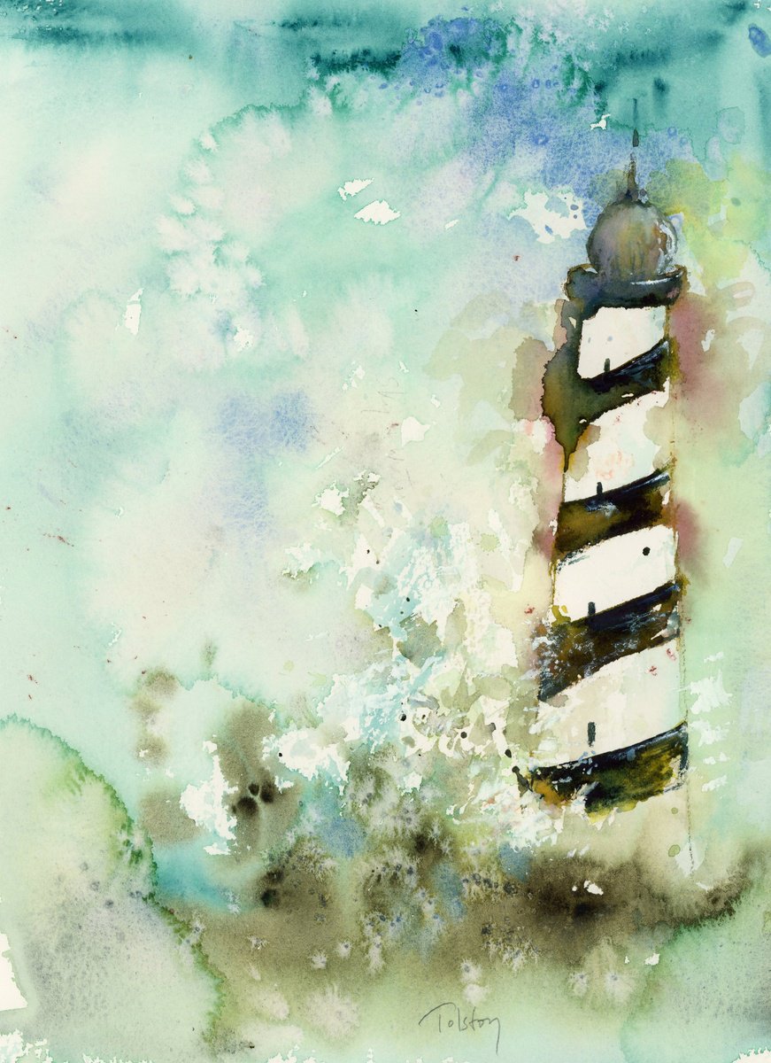 Impressionistic Landscape Watercolour By Alex Tolstoy, 8 X 12, Lighthouse & Sea, Original Artwork