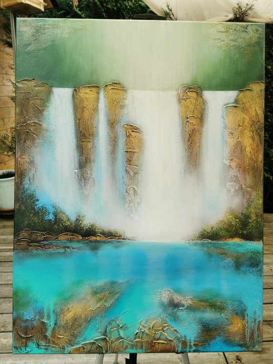 A large abstract beautiful structured mixed media painting of a waterfall "Secret place"