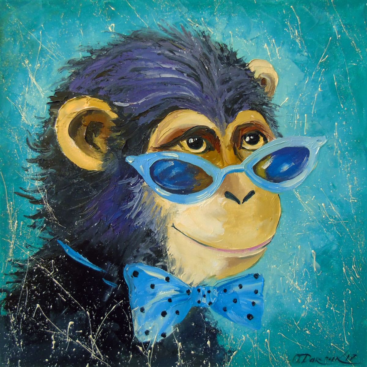 Impressionistic Animal Oil Painting By Olha Darchuk, 16 X 16", Monkey Gentleman, Original Artwork