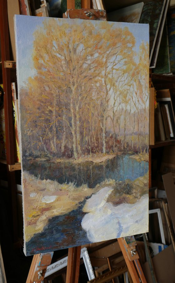 The Sunny March Day - Original Spring River Oil Painting