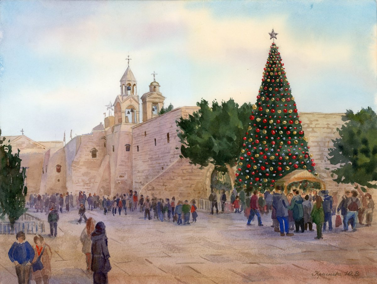 Photorealistic Landscape Watercolour By Yulia Krasnov, 15 X 11", Christmas Tree In Bethlehem, Original Artwork