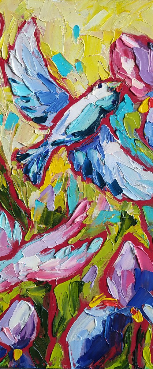 Dance in the garden - love, birds, hummingbird, love, irises, flowers, oil painting, irises flowers, gift idea by Anastasia Kozorez