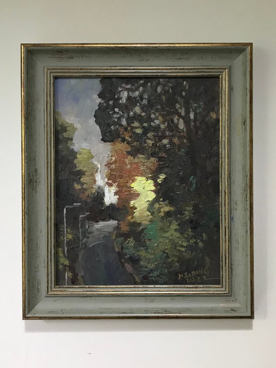 Original Oil Painting Wall Art Signed unframed Hand Made Jixiang Dong Canvas 25cm × 20cm Landscape Road Through Headington Hill Park Small Impressionism Impasto