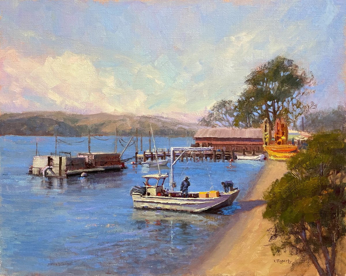 Impressionistic Landscape Oil Painting By Tatyana Fogarty, 20 X 16", California Oyster Farming On Tomales Bay, Original Artwork