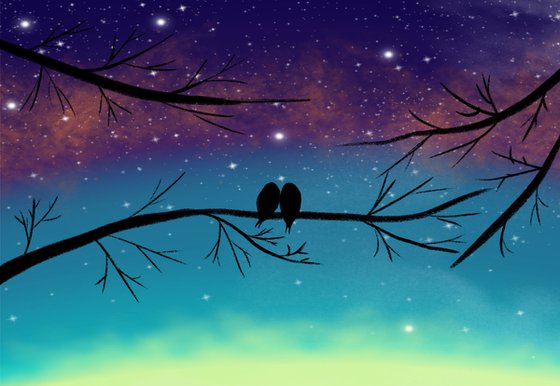 birds on a starry night wire tree print blue edition