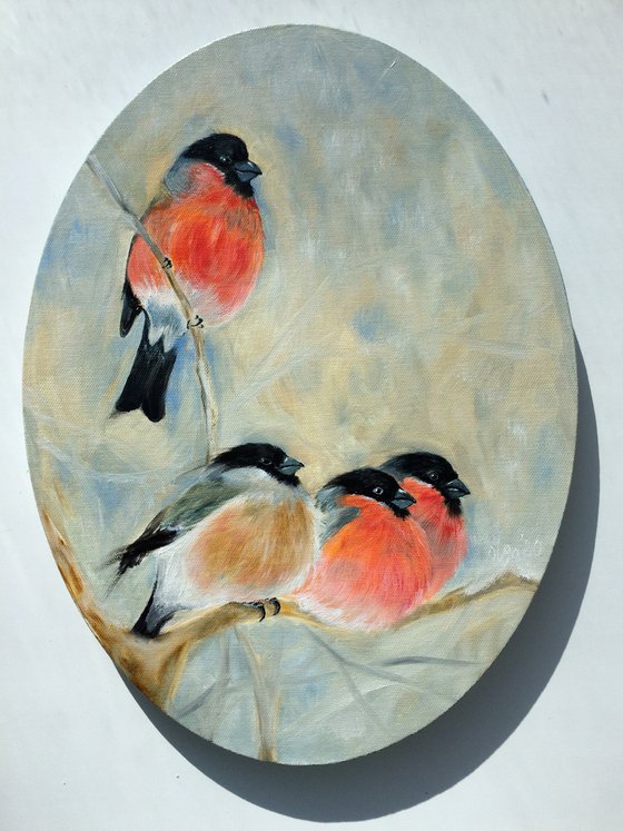 Birds on the branches oil painting - Four bullfinches ellipse canvas - Christmas gift for bird lover