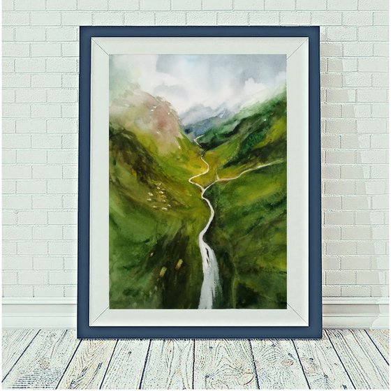 Green Valley - Mountain watercolour landscape