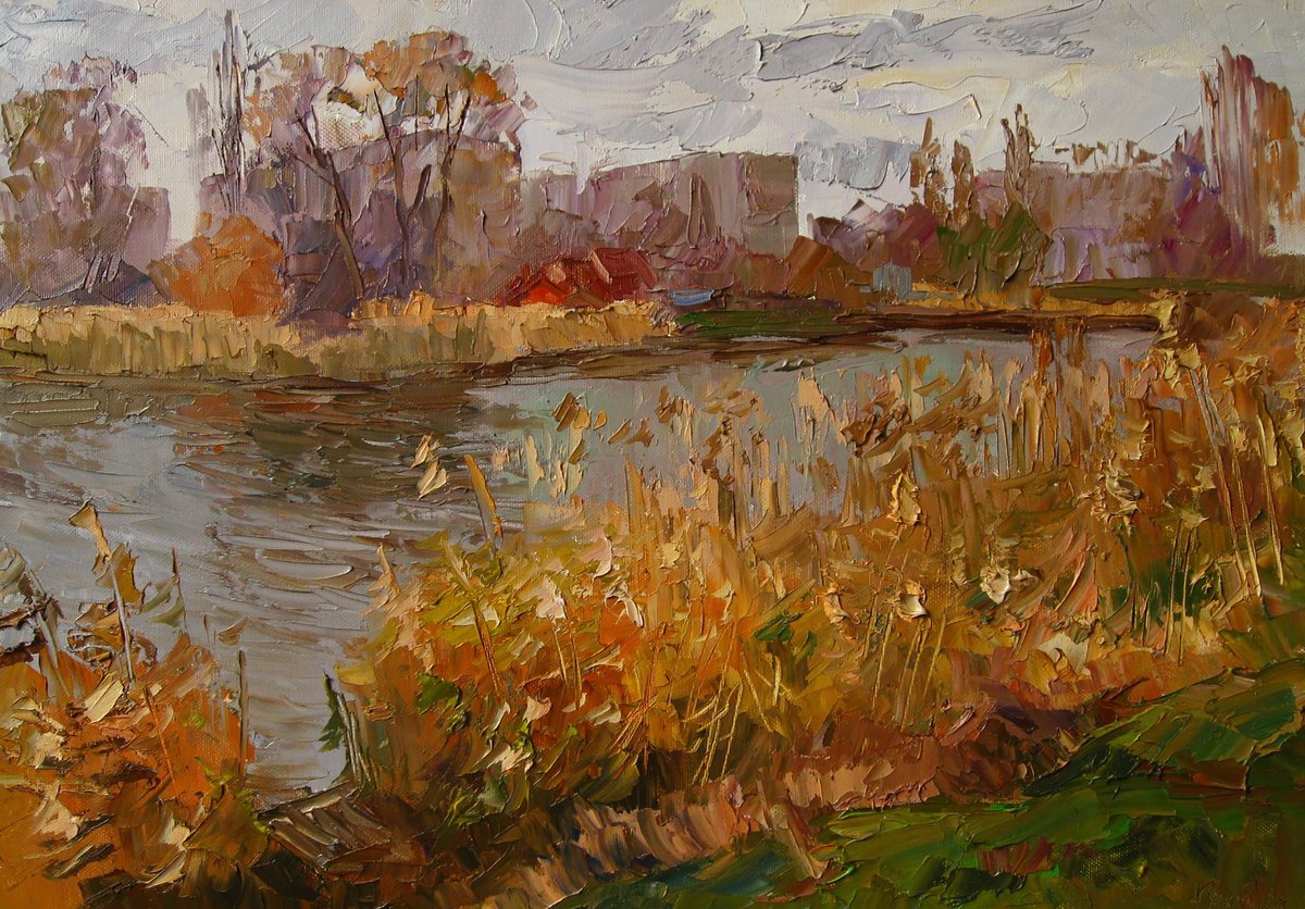 Impressionistic Landscape Oil Painting By Boris Serdyuk, 20 X 14, Autumn River, Original Artwork