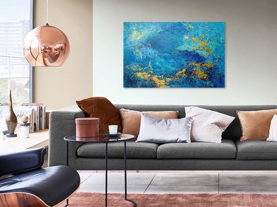 Large Abstract Painting. Blue, Turquoise, Gold Contemporary Abstract Seascape Painting # 810-29. Modern Textured Art