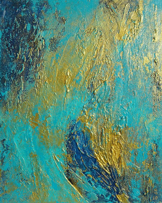 Blue and Gold Abstract Modern Art. Textured Gold Painting on Canvas with Structures. Dyptych