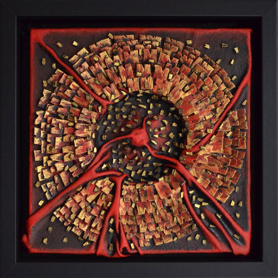 The Golden Crater - Original Framed Leather Sculpture 3D Relief Painting