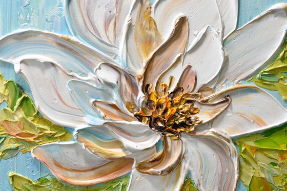 Magnolia II - Heavy textured white flower painting