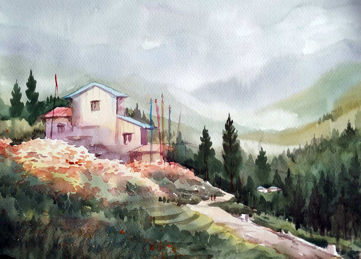 Impressionistic Landscape Watercolour By Samiran Sarkar, 15 X 11", Himalayan Village, Original Artwork