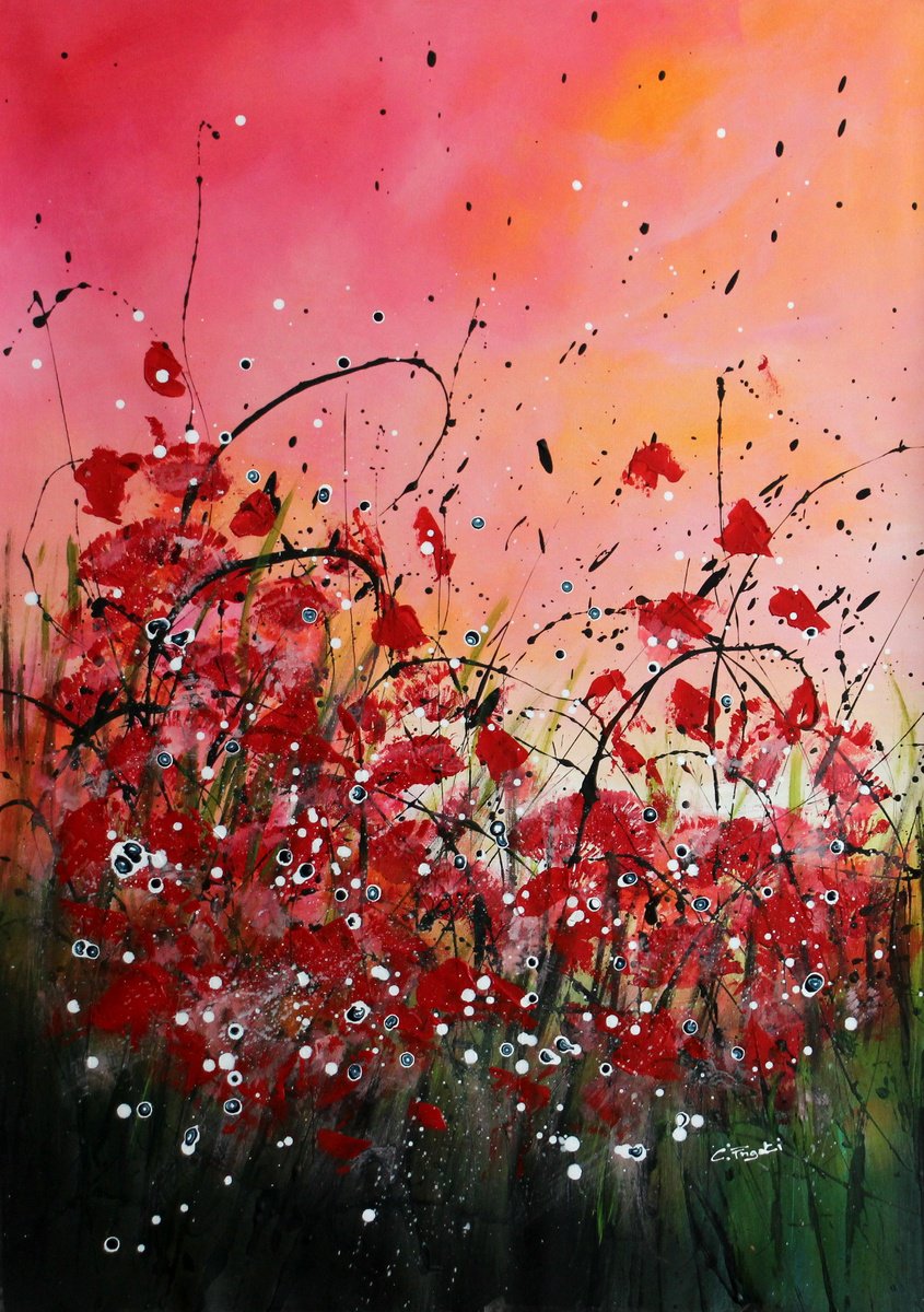 Impressionistic Landscape Acrylic Painting By Cecilia Frigati, 28 X 39, Red Passion #4, Original Artwork