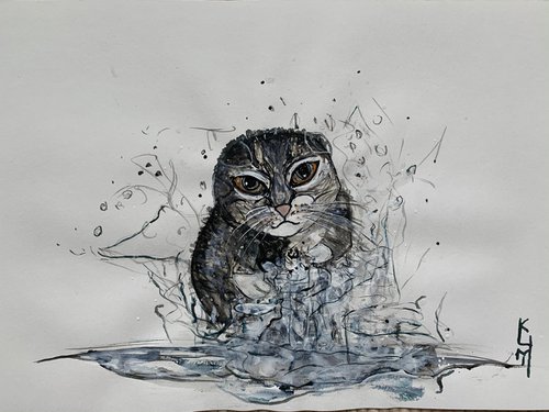 Underwater Animals Cat Painting for Home Decor, Kitten Portrait Art Decor, Artfinder Gift Ideas by Kumi Muttu