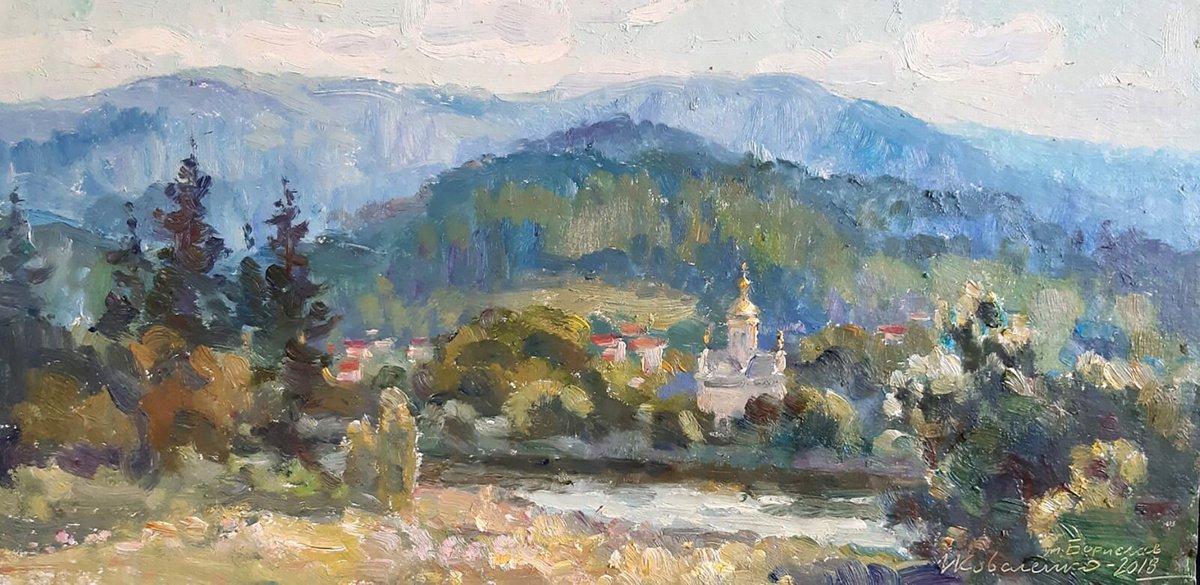 Impressionistic Landscape Oil Painting By Ivan Kovalenko, 17 X 8, Mountains Landscape, Original Artwork