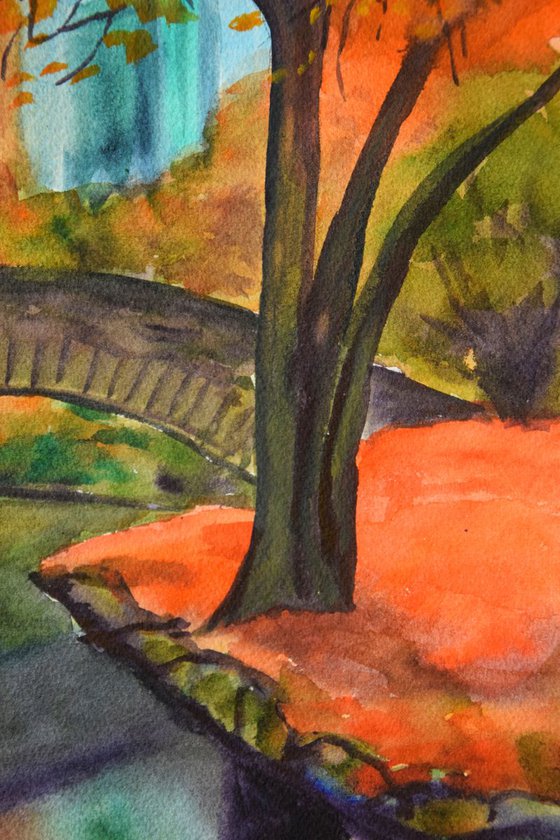 Fall New York Central Park ORIGINAL watercolor painting, autumn forest, romantic gift