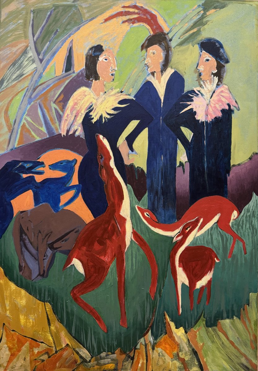 Expressive Animal Acrylic Painting By Hanna Bell, 28 X 39, - Ladies In The Deer Forest - ?, Original Artwork