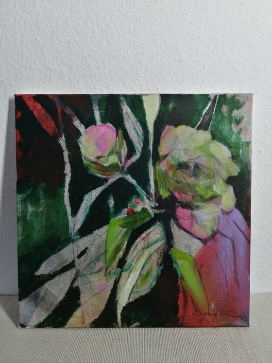 Green-pink peonies flower art