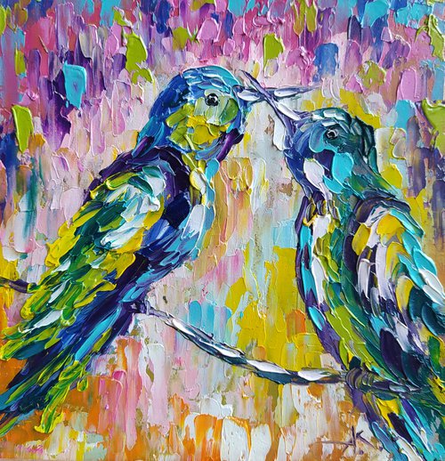 Colors around us -  oil painting, birds love, love, birds, animals oil painting, art bird, impressionism, palette knife, gift. by Anastasia Kozorez