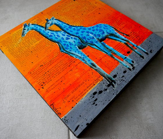 2 Giraffes blue- READY TO HANG -  HOME - Gift