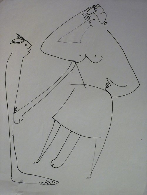 Surrealist Drawing - The Funny Lovers, 24x32 cm by Frederic Belaubre