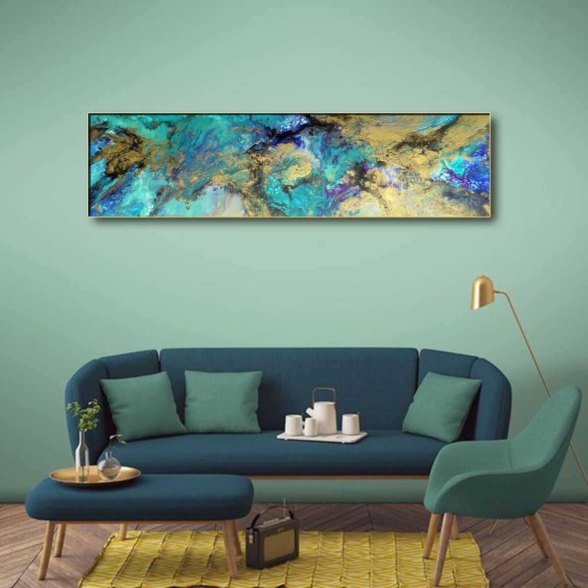 Abstract Landscape Acrylic Painting By Areti Ampi, 51 X 16, Moonlight, Original Artwork