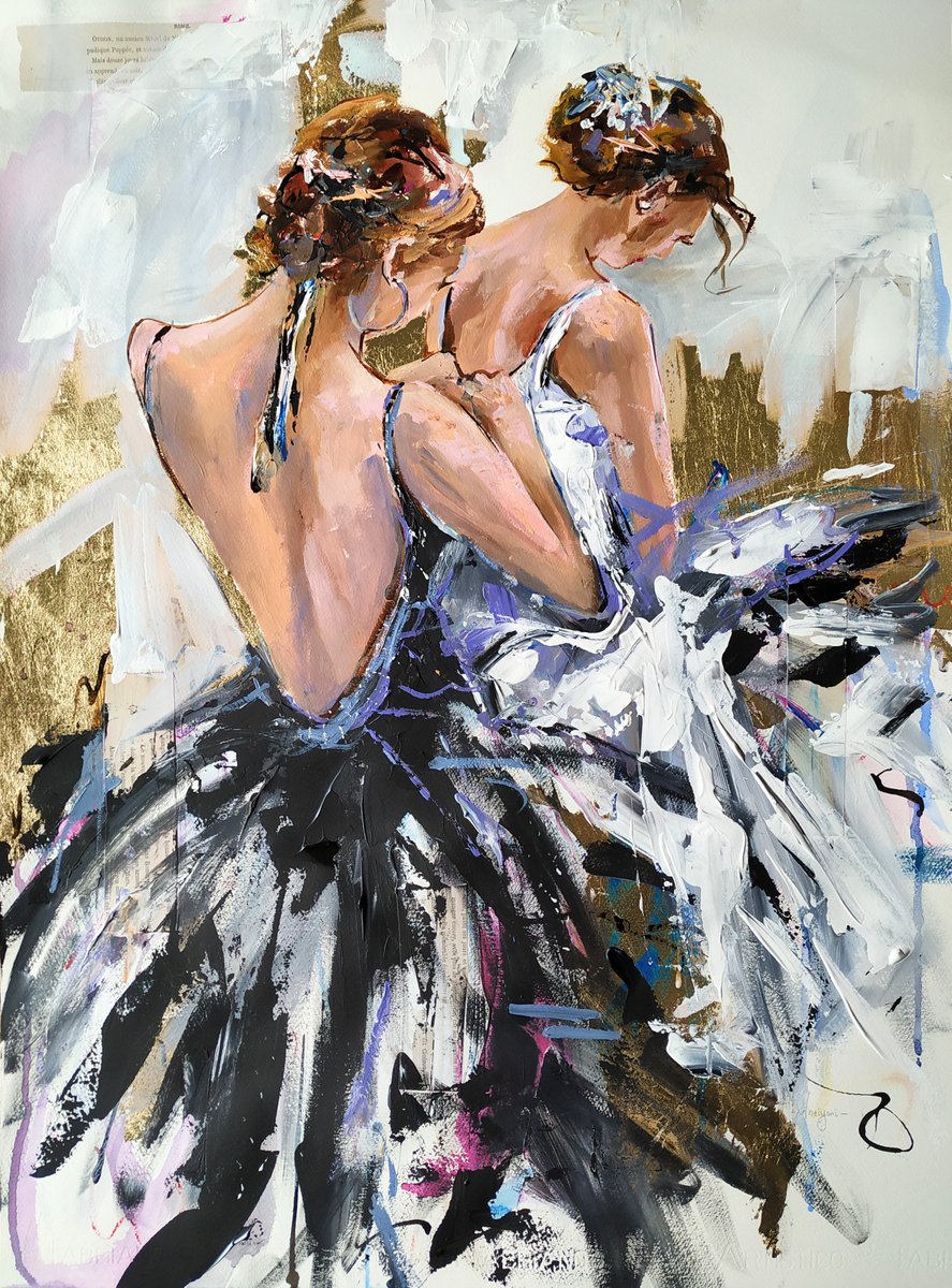 Black and White - Ballerina Mixed Media Painting on Paper-Two Ballerinas by Antigoni Tziora