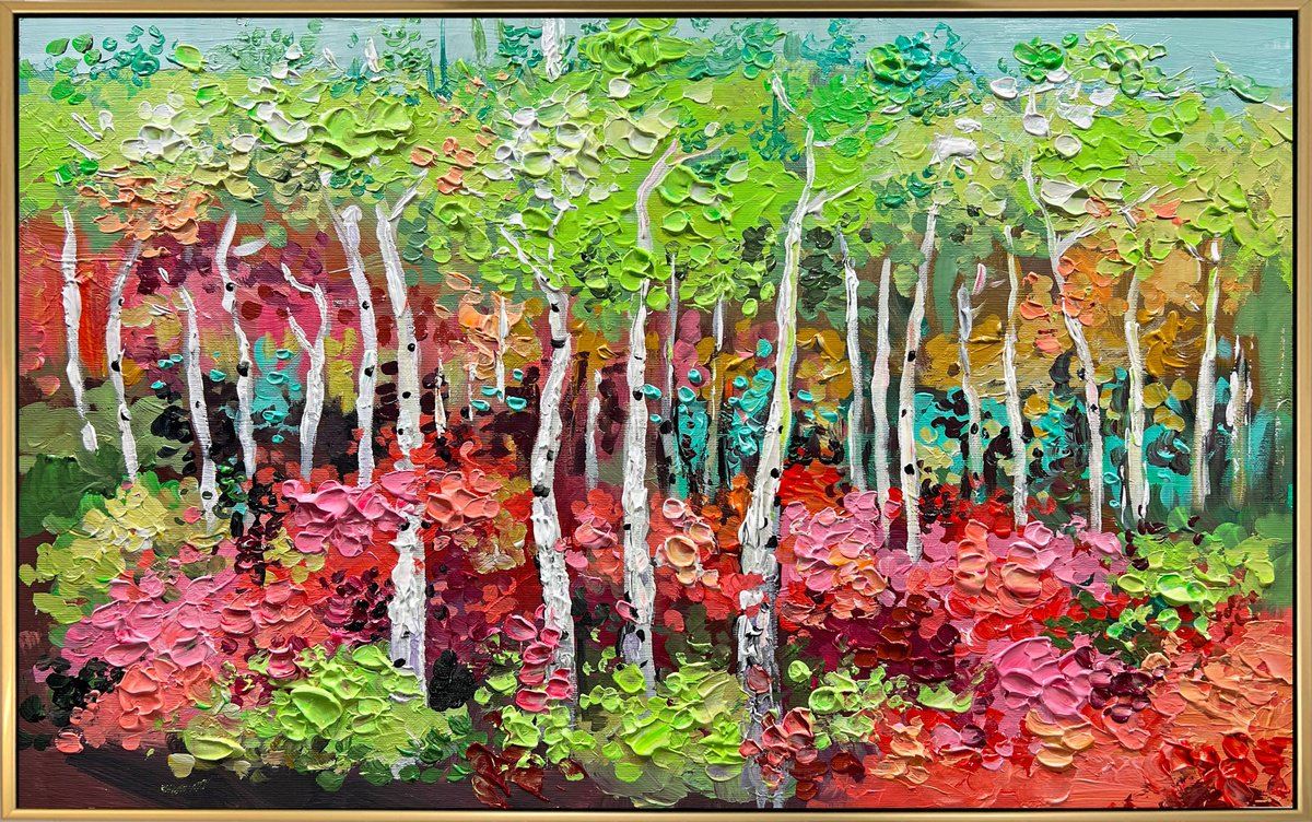 Abstract Landscape Acrylic Painting By Lana Guise, 25 X 17", Blossom In The Wood, Original Artwork