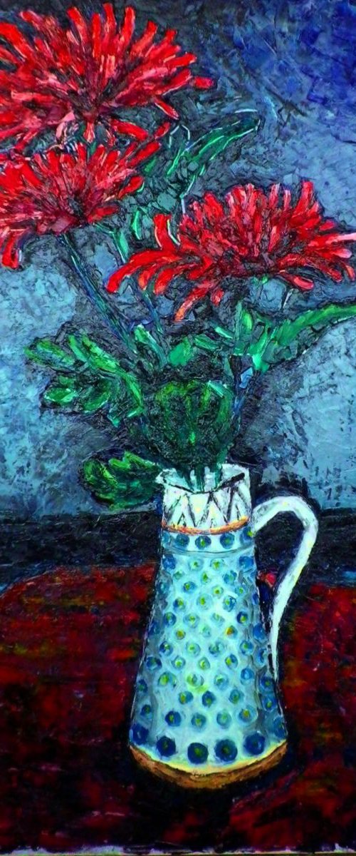 Chrysanthemums in a tall jug by Richard Meyer