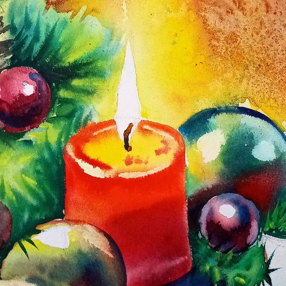 Christmas Candle Watercolor Painting Red Candle Christmas Tree