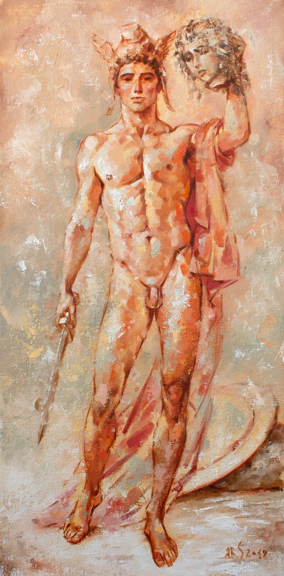 Perseus with the head of Medusa Gorgon by Yaroslav Sobol - (Modern Impressionistic Figurative Oil painting of a Man Gift Home Decor)