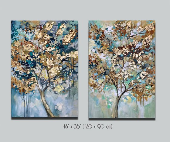 Duality - 48" x 36" Abstract Tree Art, Set of Two Paintings, Multi Panel Abstract, ORIGINAL Painting, Gold Leaf Painting, Black and Gold, Large Art