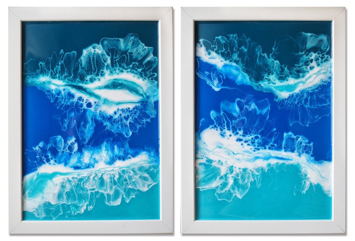 Diptych My ocean - set of 2 original seascape 3d artwork, framed, ready to hang by Delnara El