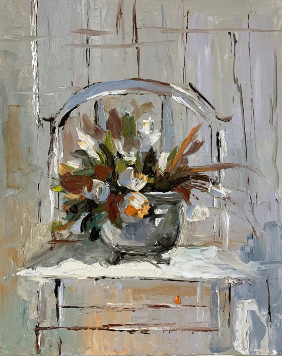 Flowers in a silver pot