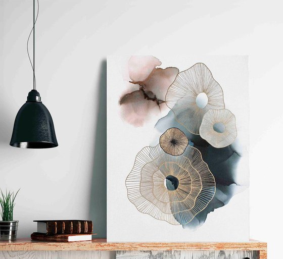 "Golden Molecules" Abstract navy gold art