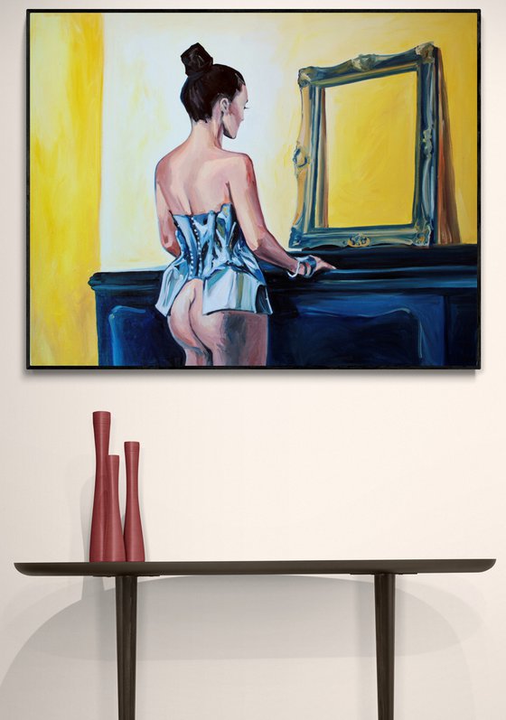 THE MIRROR - 100 x 80 cm, large oil painting, yellow and blue, naked woman