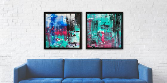 "Swipe Left" - Save As A Series - Original PMS Abstract Diptych Acrylic Paintings On Plexiglass, Framed - 52" x 26"